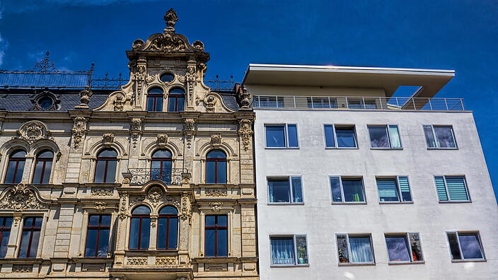 Old and new building next to each other, Zwickau, Germany