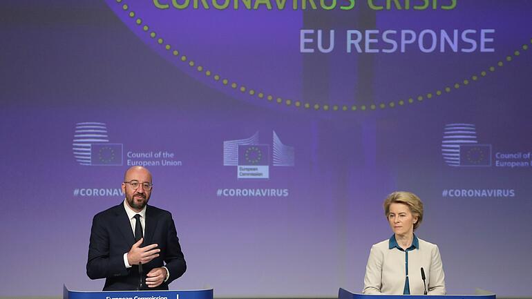 Coronavirus EU response - on stage Ursula von der Leyen and Charles Michel