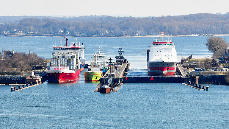 Container ships in watergates in Kiel Holtenau