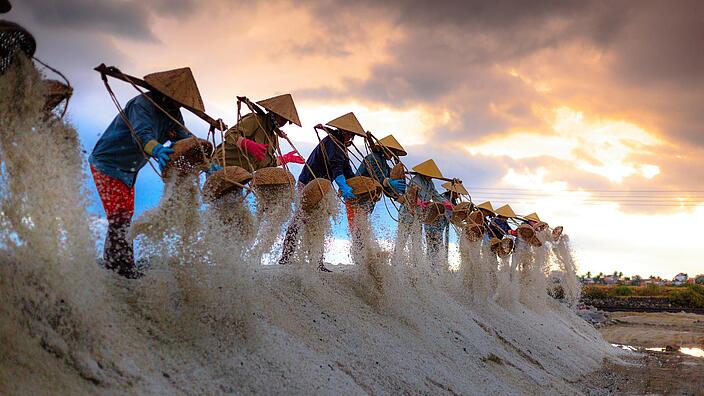 Salt collectors emptying their baskets