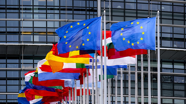 Flags in front of European Union building