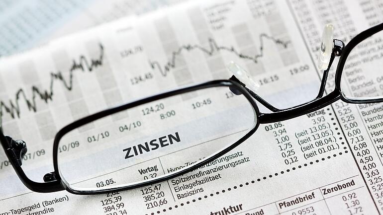 Glasses on a newspaper focused on the word "Zinsen"