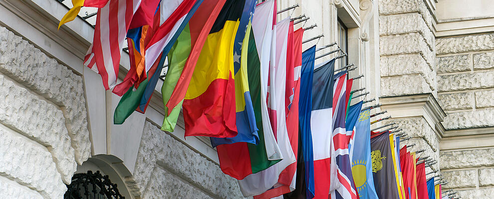 The flags of Organization for Security and Co-operation in Europe countries near headquarters of OSCE in Vienna, Austria