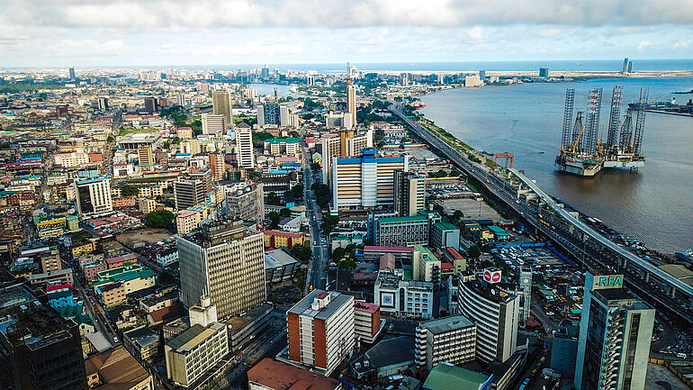 Aerial view of Marina commercial business district Lagos Island Nigeria