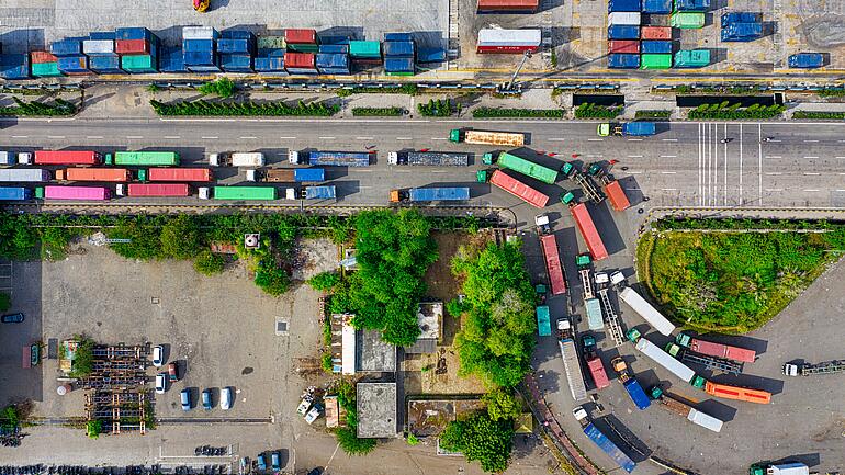 Aerial view of trucks stuck in traffic