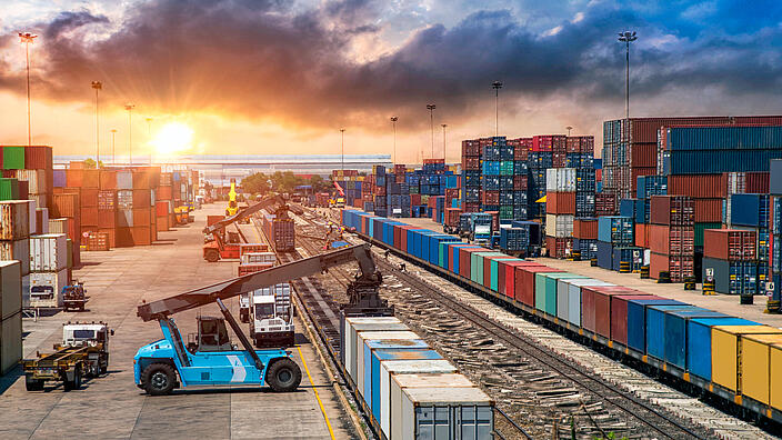 Business Logistics and transportation concept, of Container Cargo train and truck for Logistic import export and transport industry background